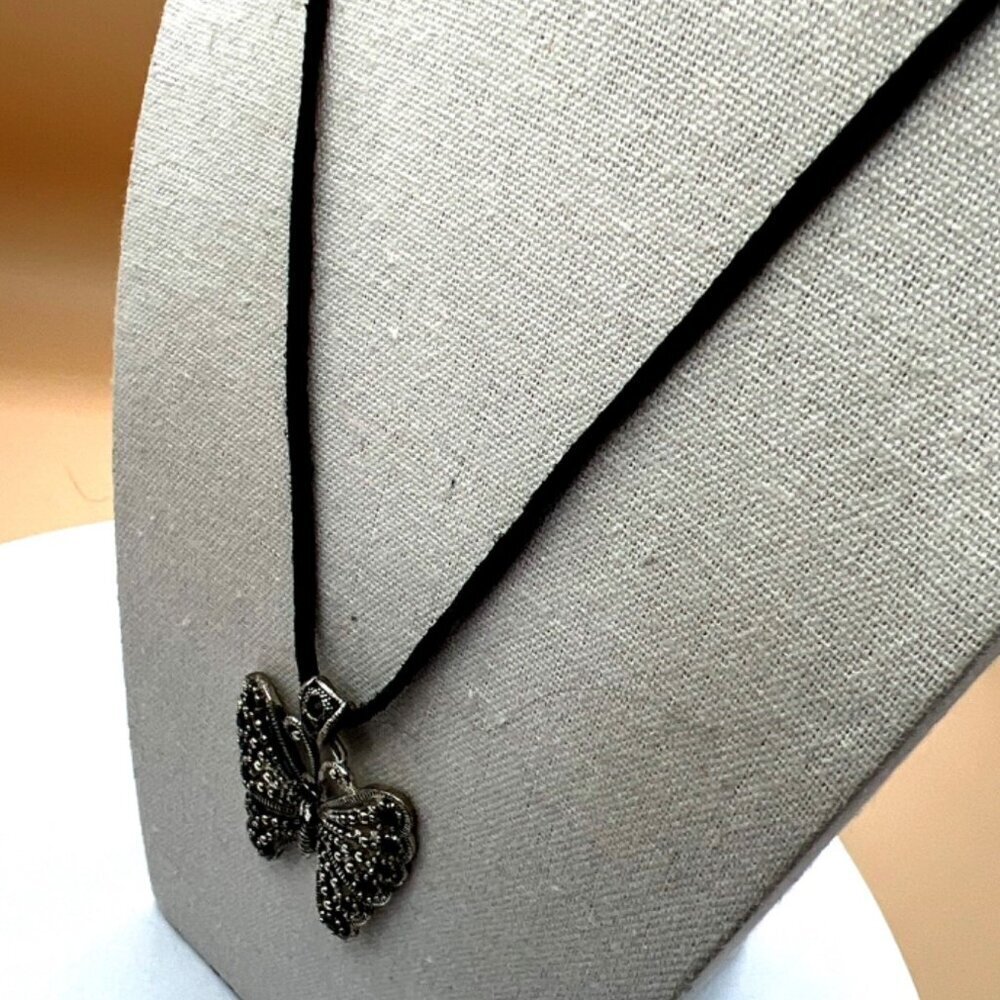 Black Butterfly Pendant Necklace & Two Black Bangle Bracelets. B100 - Picture 5 of 11